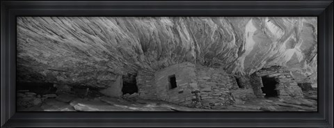 Framed Dwelling structures on a cliff in black and white, Anasazi Ruins, Mule Canyon, Utah, USA Print