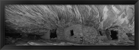 Framed Dwelling structures on a cliff in black and white, Anasazi Ruins, Mule Canyon, Utah, USA Print