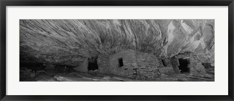 Framed Dwelling structures on a cliff in black and white, Anasazi Ruins, Mule Canyon, Utah, USA Print