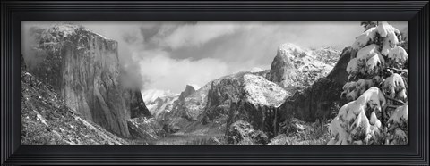 Framed Black and white view of Mountains and waterfall in snow, El Capitan, Yosemite National Park, California Print