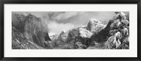 Framed Black and white view of Mountains and waterfall in snow, El Capitan, Yosemite National Park, California Print