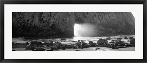 Framed Rock formation on the beach in black and white, Big Sur, California Print