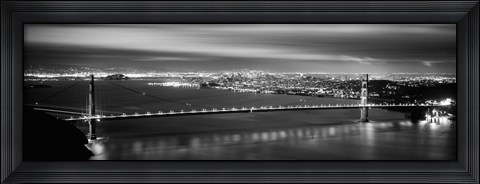 Framed Golden Gate Bridge and San Francisco Skyline Lit Up (black &amp; white) Print