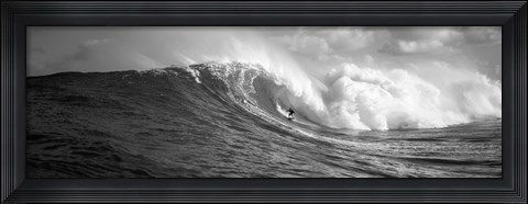 Framed Surfer in the sea in Black and White, Maui, Hawaii Print