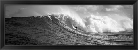 Framed Surfer in the sea in Black and White, Maui, Hawaii Print