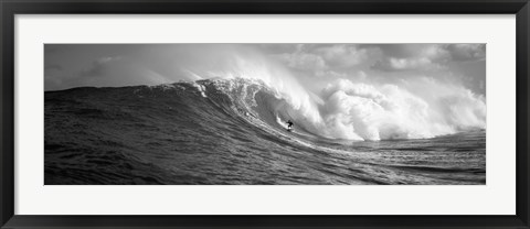 Framed Surfer in the sea in Black and White, Maui, Hawaii Print