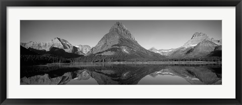 Framed Reflection of mountains in a lake, Swiftcurrent Lake, Many Glacier, US Glacier National Park, Montana, USA (Black &amp; White) Print