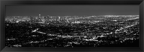 Framed Black and White View of Los Angeles at Night from a Distance Print