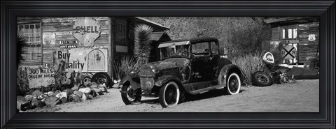 Framed Abandoned Car on Route 66, Arizona (black and white) Print