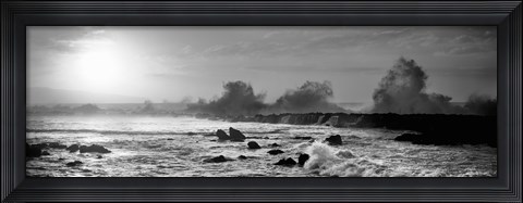 Framed Waves breaking on rocks in the ocean in black and white, Oahu, Hawaii Print