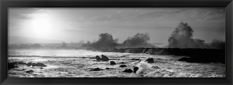 Framed Waves breaking on rocks in the ocean in black and white, Oahu, Hawaii Print