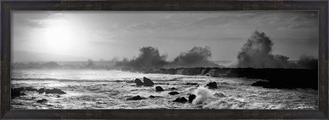 Framed Waves breaking on rocks in the ocean in black and white, Oahu, Hawaii Print