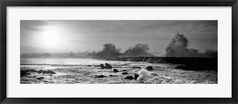 Framed Waves breaking on rocks in the ocean in black and white, Oahu, Hawaii Print