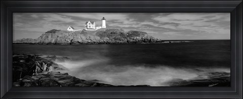 Framed Nubble Lighthouse in black and white, Cape Neddick, Maine Print