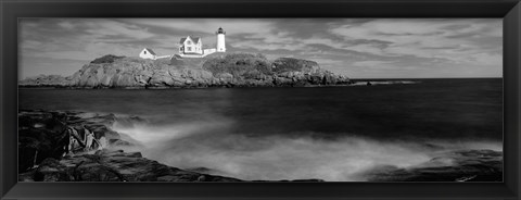 Framed Nubble Lighthouse in black and white, Cape Neddick, Maine Print