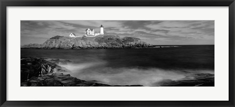 Framed Nubble Lighthouse in black and white, Cape Neddick, Maine Print