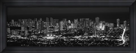 Framed High angle view of a city lit up at night, Honolulu, Oahu, Honolulu County, Hawaii (black and white) Print
