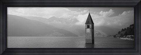 Framed Clock tower in a lake, Reschensee, Italy (black and white) Print