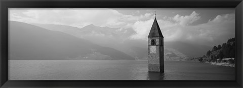 Framed Clock tower in a lake, Reschensee, Italy (black and white) Print