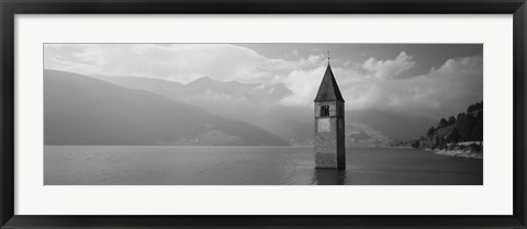Framed Clock tower in a lake, Reschensee, Italy (black and white) Print
