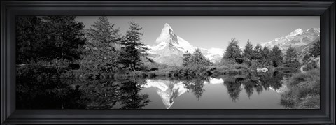 Framed Reflection of trees and mountain in a lake, Matterhorn, Switzerland (black and white) Print