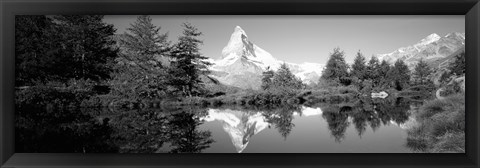 Framed Reflection of trees and mountain in a lake, Matterhorn, Switzerland (black and white) Print