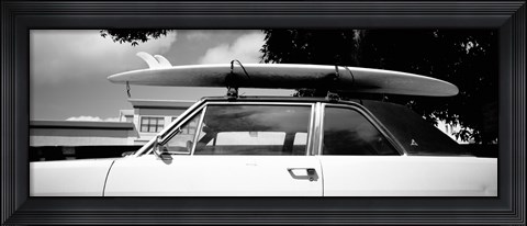 Framed California, Surf board on roof of car (black and white) Print