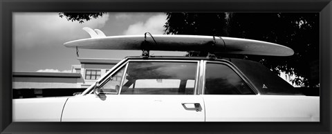 Framed California, Surf board on roof of car (black and white) Print