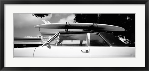 Framed California, Surf board on roof of car (black and white) Print