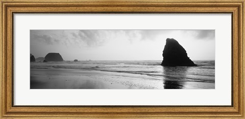 Framed Silhouette of rocks on the beach, Fort Bragg, Mendocino, California (black and white) Print