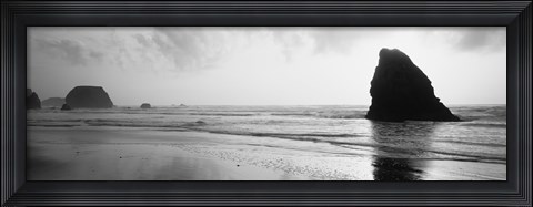 Framed Silhouette of rocks on the beach, Fort Bragg, Mendocino, California (black and white) Print