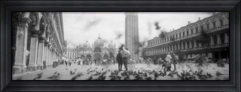 Framed Flock of pigeons flying, St. Mark&#39;s Square, Venice, Italy (black and white) Print