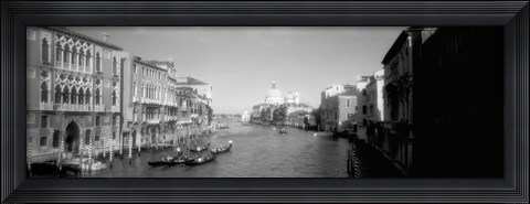 Framed Gondolas and buildings along a canal in black and white, Grand Canal, Venice, Italy Print