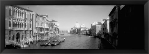 Framed Gondolas and buildings along a canal in black and white, Grand Canal, Venice, Italy Print