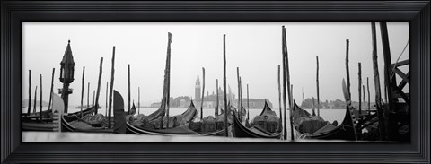 Framed Gondolas moored at a harbor, San Marco Giardinetti, Venice, Italy (black and white) Print