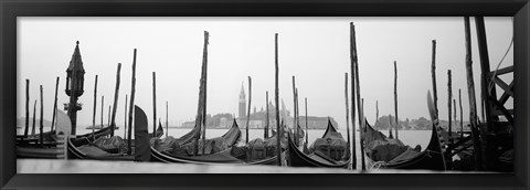 Framed Gondolas moored at a harbor, San Marco Giardinetti, Venice, Italy (black and white) Print