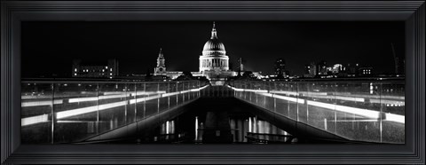 Framed Bridge lit up at night, London Millennium Footbridge, St. Paul&#39;s Cathedral, Thames River, London, England Print