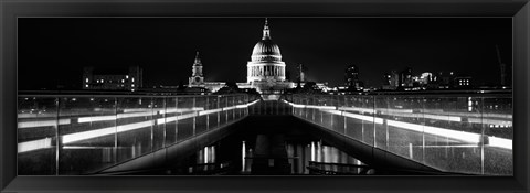 Framed Bridge lit up at night, London Millennium Footbridge, St. Paul&#39;s Cathedral, Thames River, London, England Print