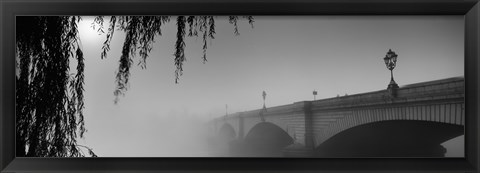 Framed Putney Bridge during fog, Thames River, London, England (black and white) Print