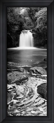 Framed Waterfall In A Forest, Thomason Foss, Goathland, North Yorkshire, England, United Kingdom (black and white) Print