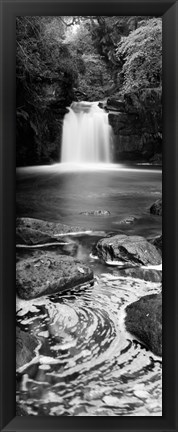 Framed Waterfall In A Forest, Thomason Foss, Goathland, North Yorkshire, England, United Kingdom (black and white) Print