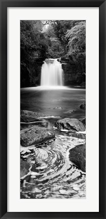Framed Waterfall In A Forest, Thomason Foss, Goathland, North Yorkshire, England, United Kingdom (black and white) Print