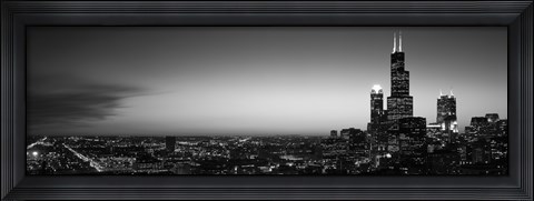 Framed Chicago Skyline at Night (black &amp; white) Print