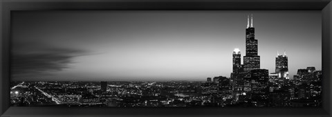 Framed Chicago Skyline at Night (black &amp; white) Print