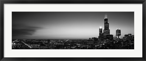 Framed Chicago Skyline at Night (black &amp; white) Print