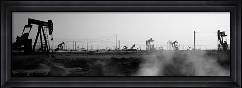 Framed Oil drills in a field, Maricopa, Kern County, California (black and white) Print