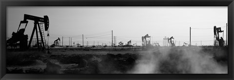 Framed Oil drills in a field, Maricopa, Kern County, California (black and white) Print