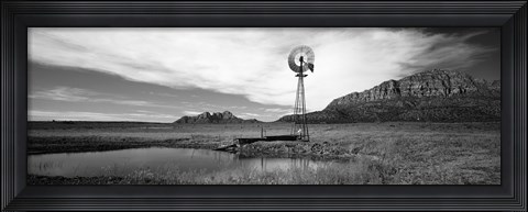 Framed Solitary windmill near a pond in black and white, U.S. Route 89, Utah Print