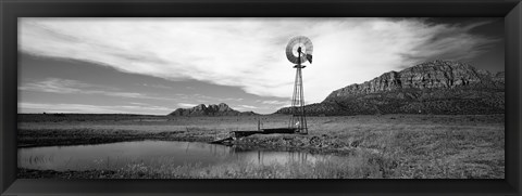 Framed Solitary windmill near a pond in black and white, U.S. Route 89, Utah Print