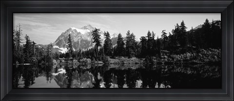 Framed Reflection of trees and mountains in a lake, Mount Shuksan, North Cascades National Park, Washington State (black and white) Print